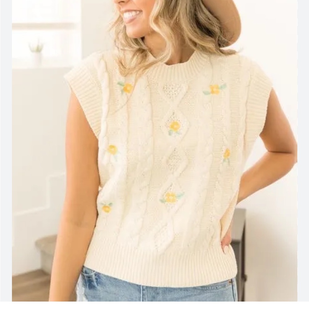 Sincerely Jules Cream Knit Vest with Floral Accents